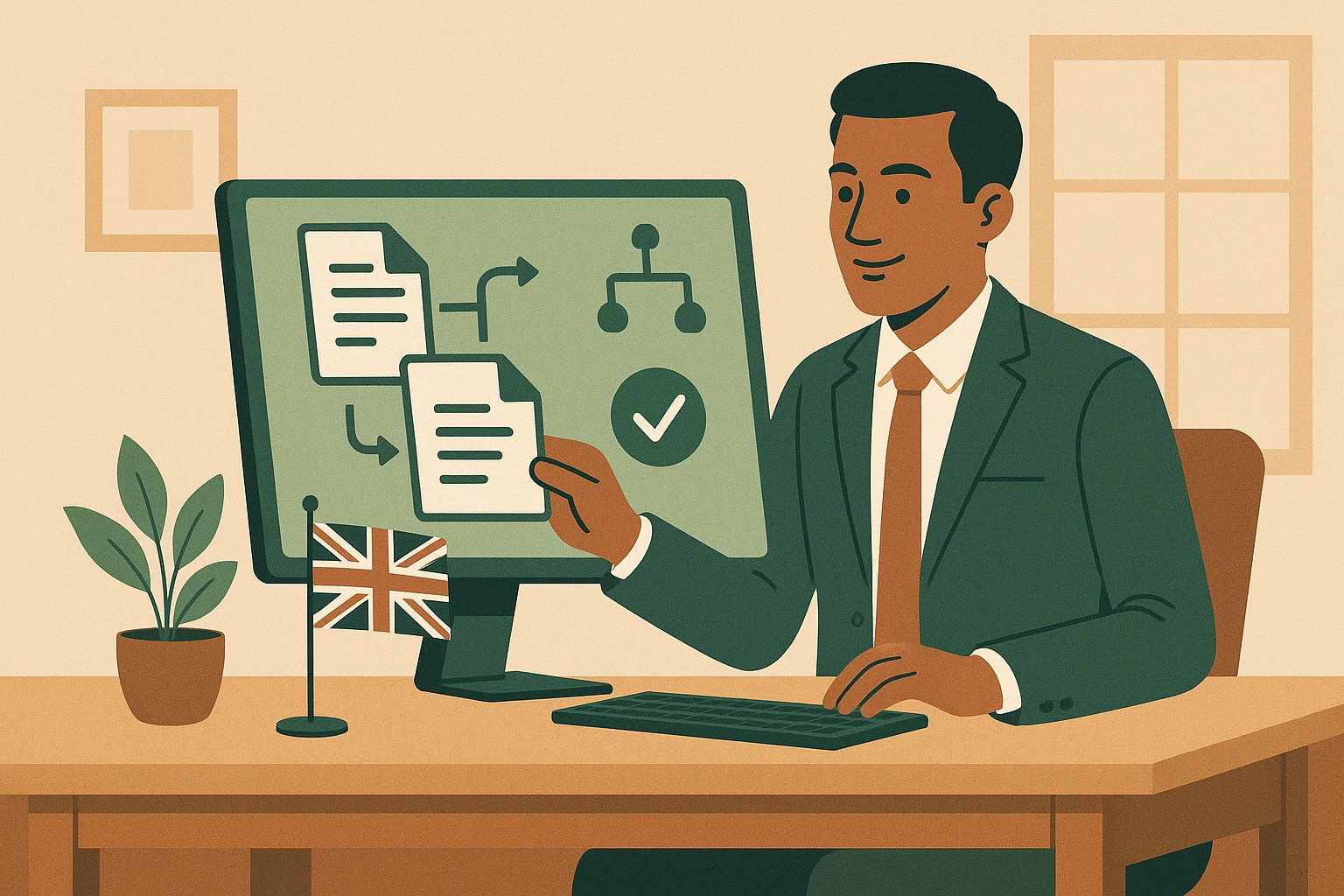 UK business owner organizing data processing records and legitimate interest assessments on computer, representing ROPA compliance and systematic data protection management.