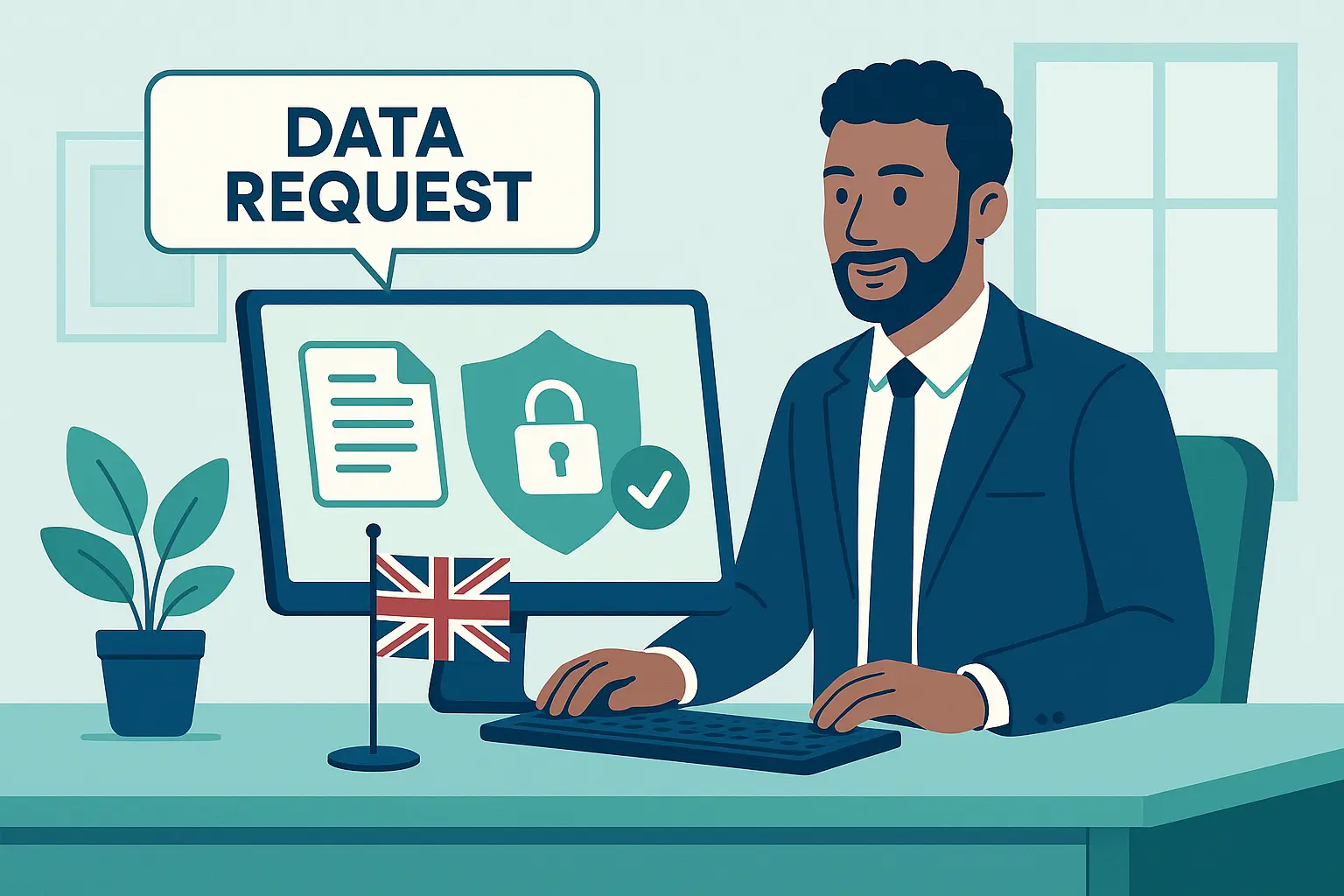 UK business owner confidently managing Subject Access Requests on computer with data protection symbols, representing GDPR compliance and secure data handling.