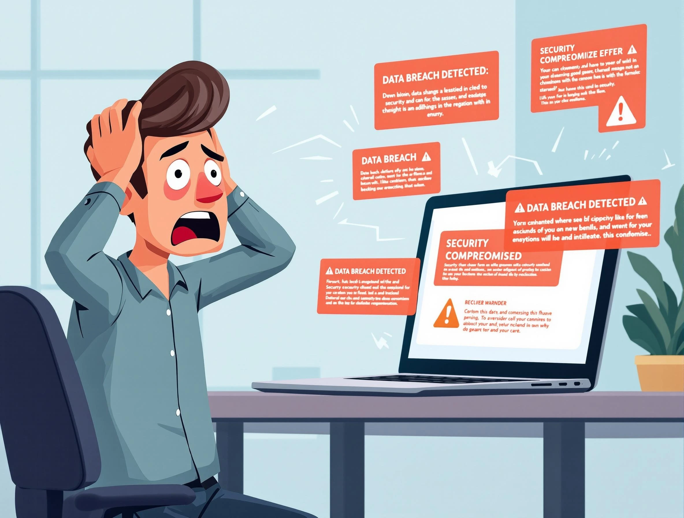 Startup founder reacting to data breach alert on laptop.