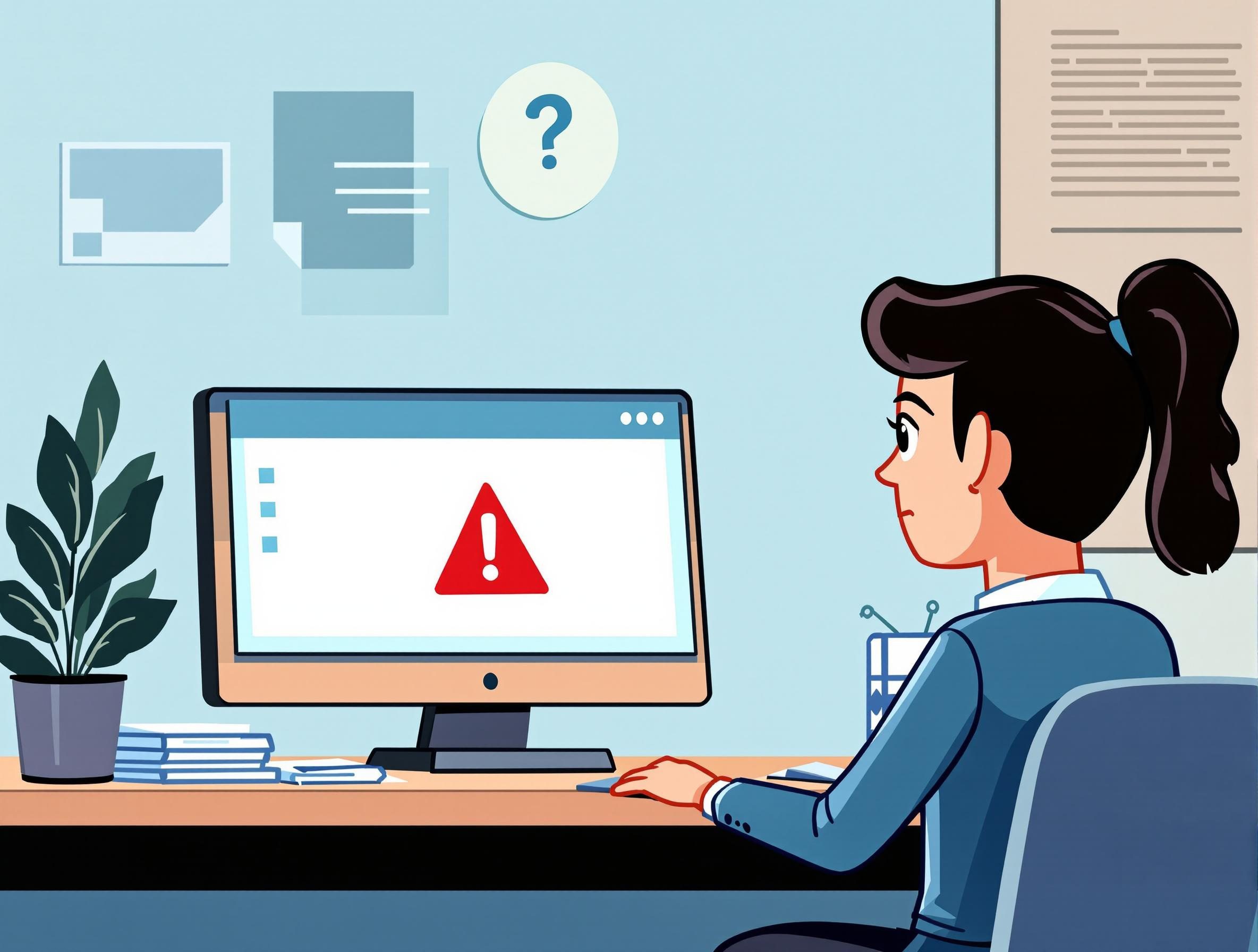 Professional recruitment agency worker in business attire showing worried expression while viewing data breach security alert on computer screen, minimal clean office environment, professional cartoon illustration style