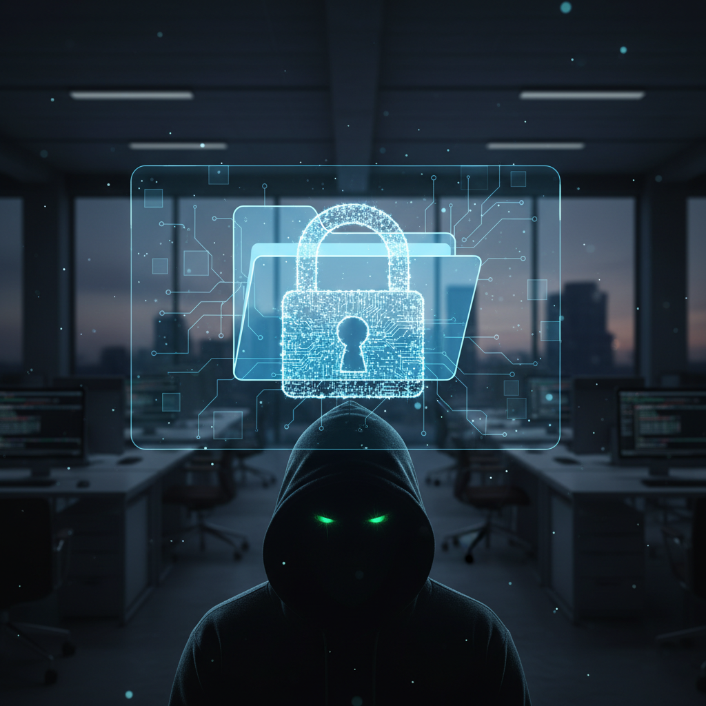 A dramatic, yet professional image depicting a digital padlock on a folder icon, or a hacker silhouette over a blurred office background. Avoid anything with children to maintain professionalism.